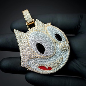 Sterlingzilver 925 tweekleurig emaille Felix The Cat volledig Iced Out CZ diamanten hanger