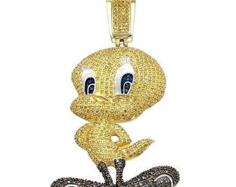 Yellow Gold Plated Fully Iced Out Tweety Bird Diamond Pendant Silver 925