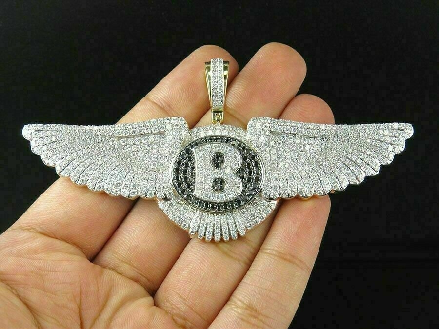 4 Wide Round Diamond Fully Iced Out Bentley B Wings Pendant Yellow