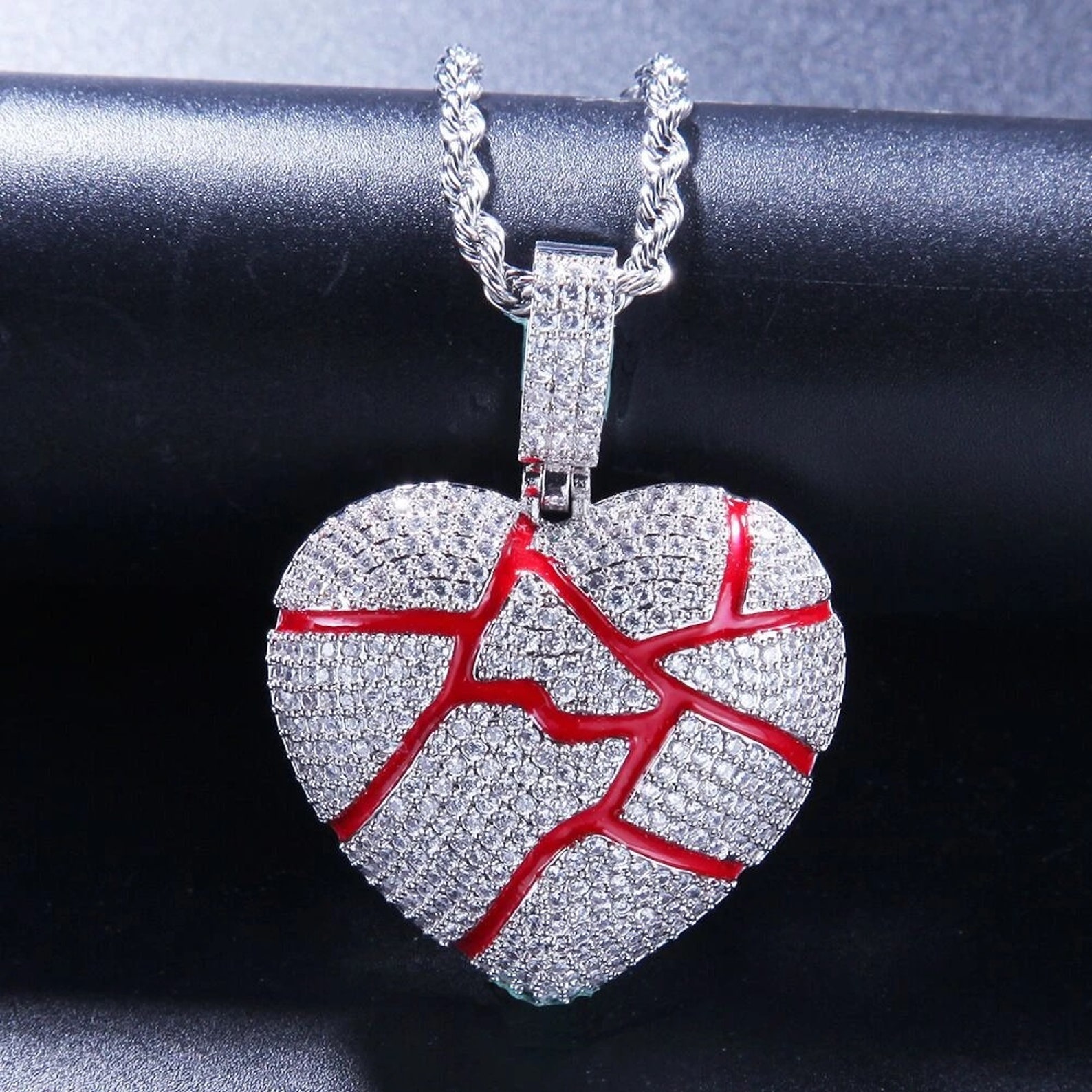Sterling Silver 925 Fobo Broken Heart Fully Iced Out Pendant Etsy