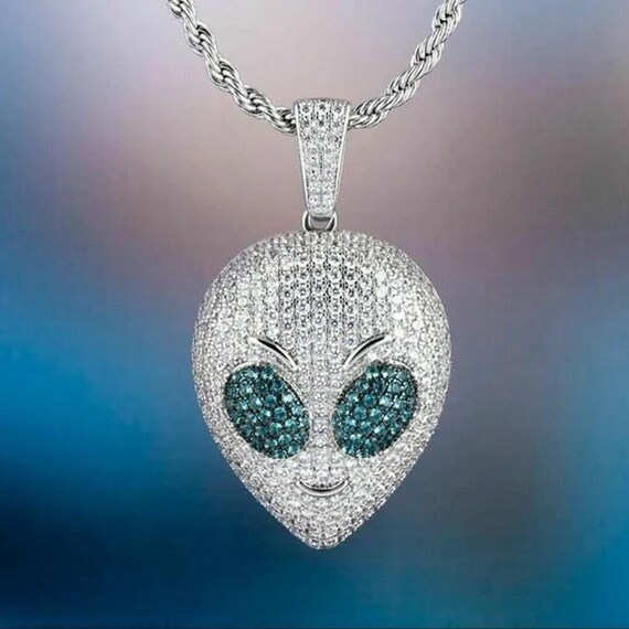 Sterling Silver 925 Iced Out Blue White Diamond Men's Hip Hop Alien Head  Pendant