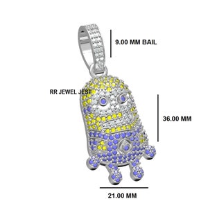 Minion Cartoon Character Pendant, Unique Pendant For Boy&#39;s, Pave Round CZ Color Diamond Pendant, Handmade 925 Sterling Silver Pendant