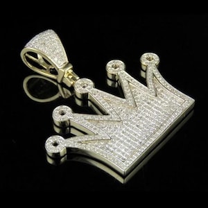 Sterling Silver 925 Yellow Gold Plated Finish 1.50 Ct Round Diamond Fully Iced Out King Royal Crown Pendant Charms