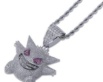 Sterling Silver 925 Fully Iced Out White Gold Plated Gengar Pendant