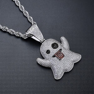 Men and Women White Gold Hip Hop Shiny Emoji Ghost Iced Out Silver 925 Pendant