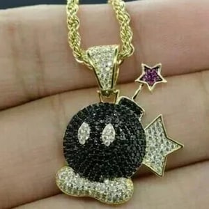 Moissanite Cartoon Bomb pendant/ Black Bomb Charms/Super Mario Bob-omb&#39; Diamond Pendant
