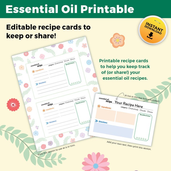 Essential Oil Printable, Aromatherapy Journal, Binder Page, Editable Recipe Card