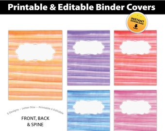 May include: Five printable and editable binder covers in letter size. The covers feature watercolor stripes in shades of orange, purple, pink, blue, and red. Each cover has a white oval frame for adding text.