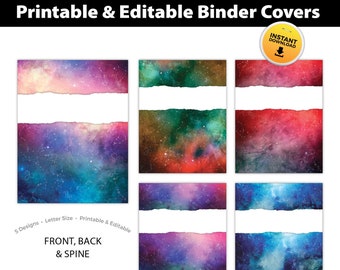 Couvertures et dos des reliures galaxie aquarelle, couvertures de cahiers modifiables et imprimables (PDF)