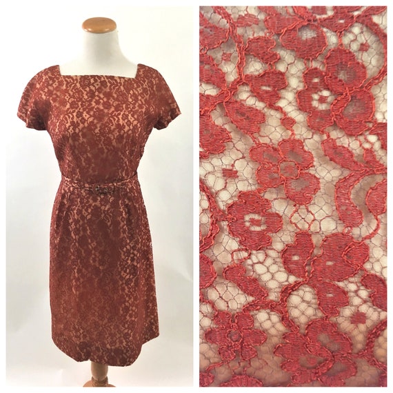 1950s Red Floral Lace Vintage Wiggle Dress