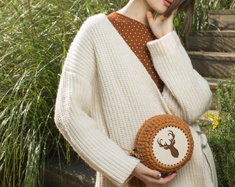 Torba z reniferem ręcznie robiona | Boho torebka damska, szydełkowa torba na ramię, torba na ramię, boho chic, casual, dzianina, okrągłe torby, prezent świąteczny