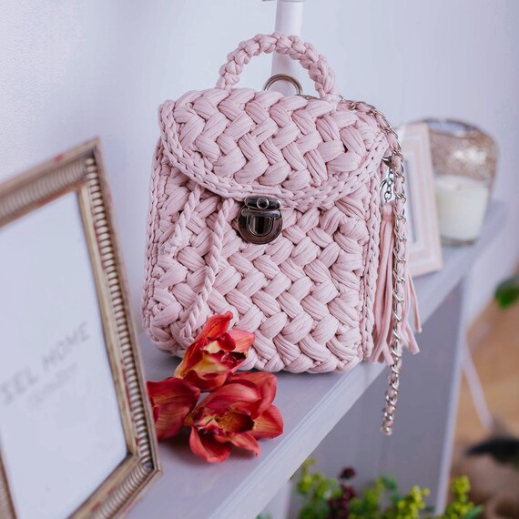 Handmade Pink Crochet Small Backpack Pink Handmade Backpack, Knit Small Backpack, Crochet  main image 4