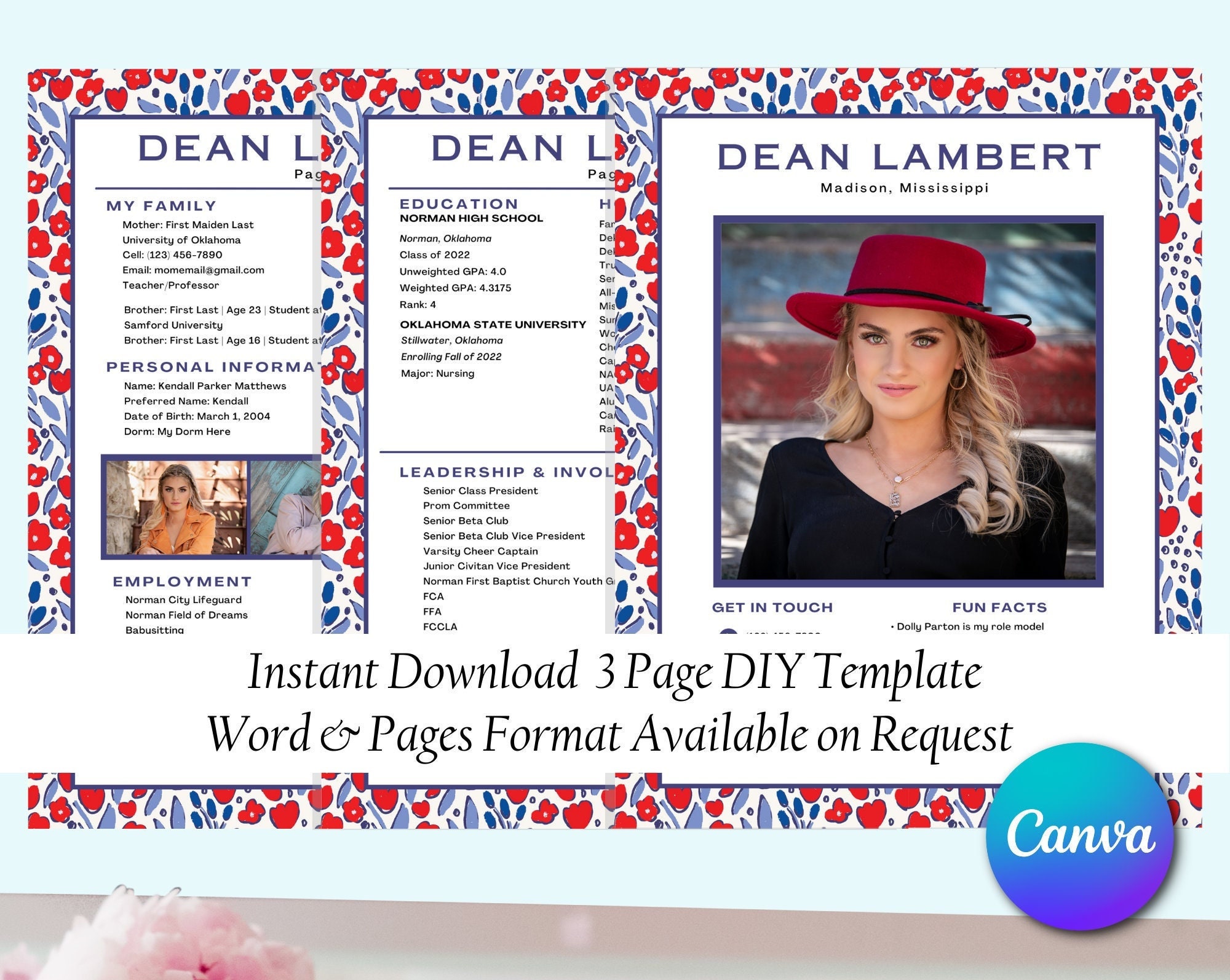Dean Sorority Resume & Cover CANVA Templates Etsy