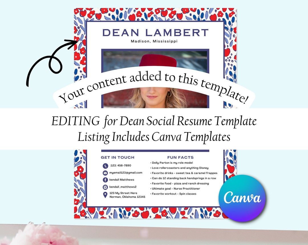 Dean EDITED Sorority Resume Template Canva Template Etsy