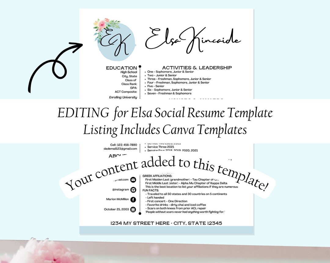 Cv Elsa Elsa EDITED Sorority Resume Template Canva Template - Etsy Australia