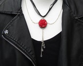 A Red Rose Gothic Inspired Pendant Necklace, quot Raindrops on a Red Rose. quot