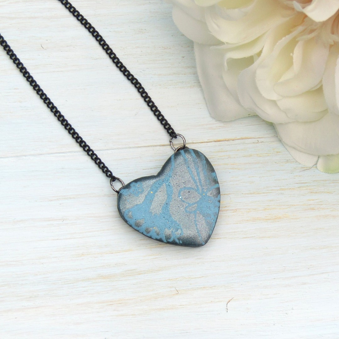 Pretty Blue Heart Pendant Necklace Crafted From Polymer Clay Etsy UK