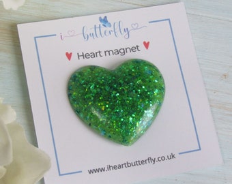 Sparkling Clover Resin Heart Magnets - Green and Gold Sparkly Glitter, SPD