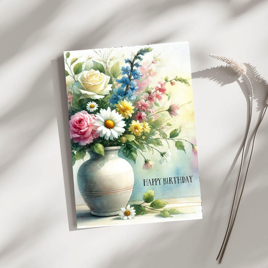Floral Birthday Card: Watercolor Vase of Flowers (digital Download) - Etsy