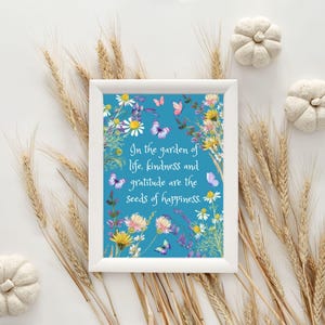 Impresión de positividad floral, En el jardín de la vida, Impresión con cita positiva, Póster de afirmación positiva sobre salud mental, Arte mural de gratitud