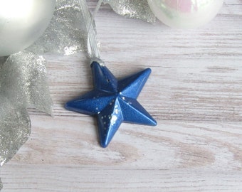 Star Christmas baubles, blue with rainbow sparkles, small hanging decorations for Christmas tree, small and sparkly resin baubles