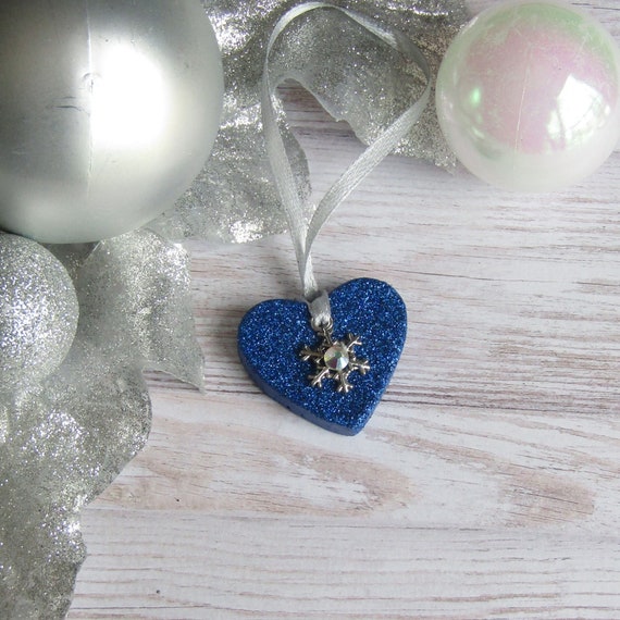 Blue Heart Christmas Tree Decoration With Silver Snowflake Small