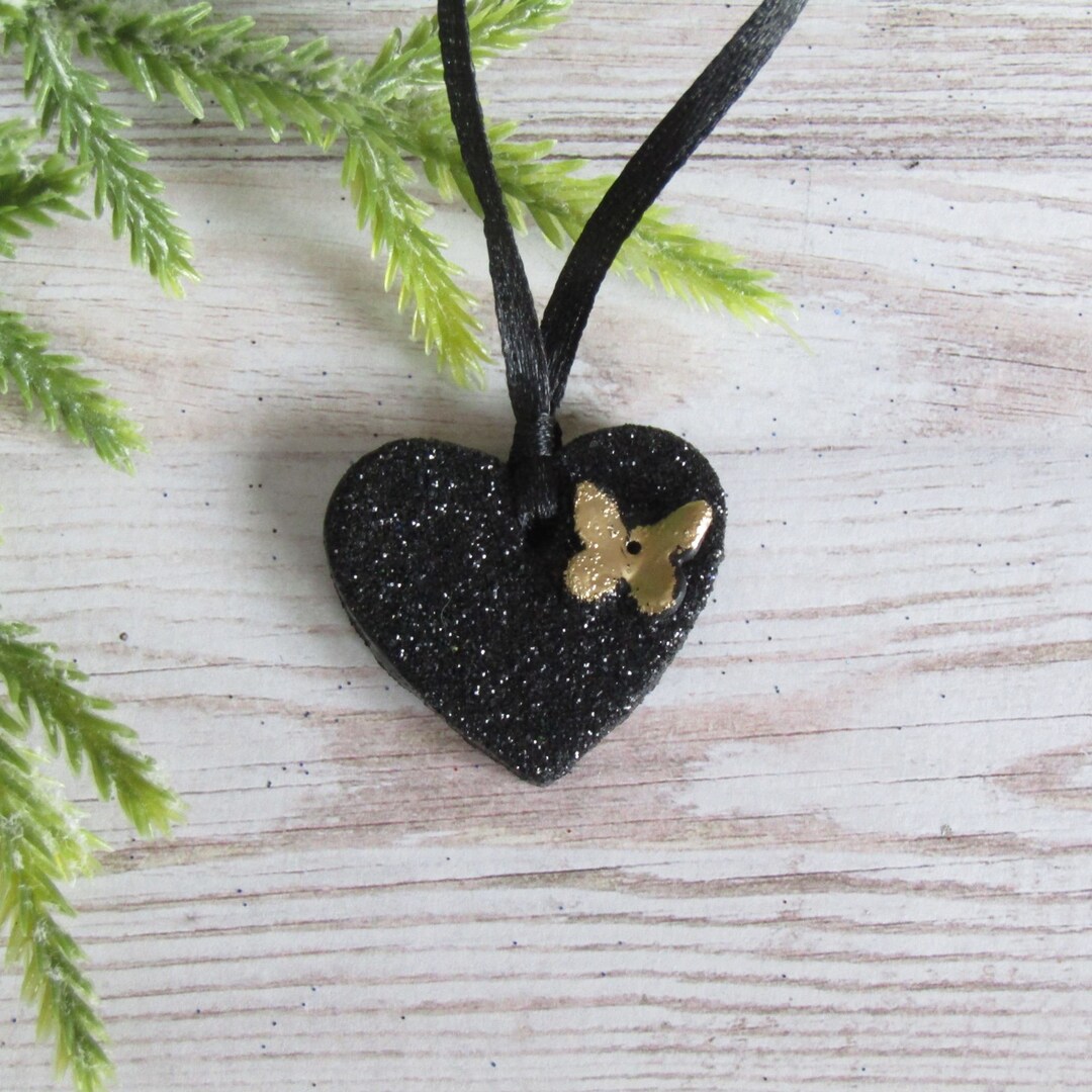 Black Glitter Heart Christmas Decoration With Gold Butterfly Etsy