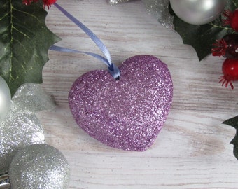 Sparkly heart bauble, Lilac glitter Christmas tree heart ornament, resin bauble and hanging heart tree decoration, Glitter heart for tree