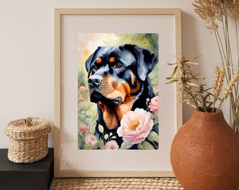 以下が含まれることがあります： 黒と茶色の毛並みのロットワイラー犬の水彩画。犬は左を見ており、ピンクの花と緑の葉に囲まれている。