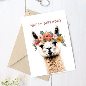 Cartão de aniversário para impressão de lhama, Cartão de aniversário de lhama com flores para download, Cartão de aniversário de lhama para imprimir em casa, Cartão de feliz aniversário para ela
