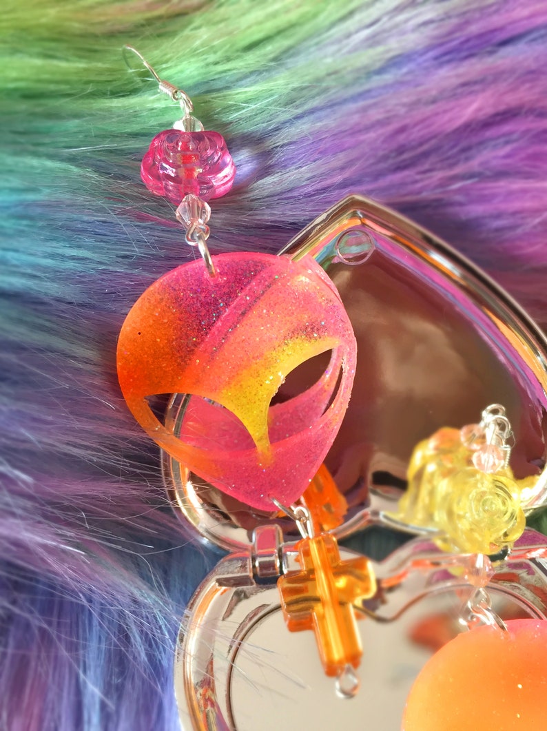 Kawaii Resin Crescent alien Glitter Pastel Glitter Rainbow Resin Rainbow Resin earrings alien earrings