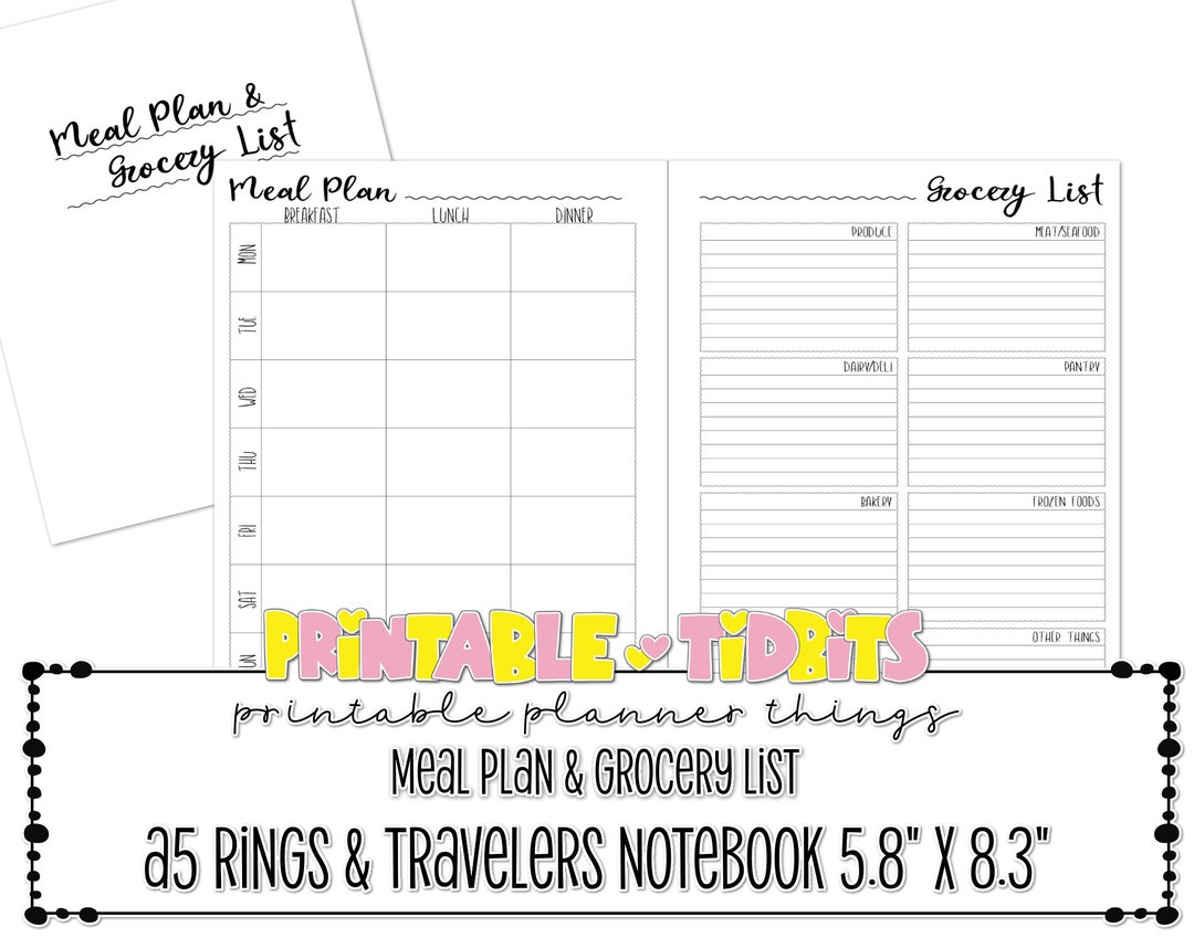 Printable Meal Plan and Grocery List for a5 Rings and - Etsy México
