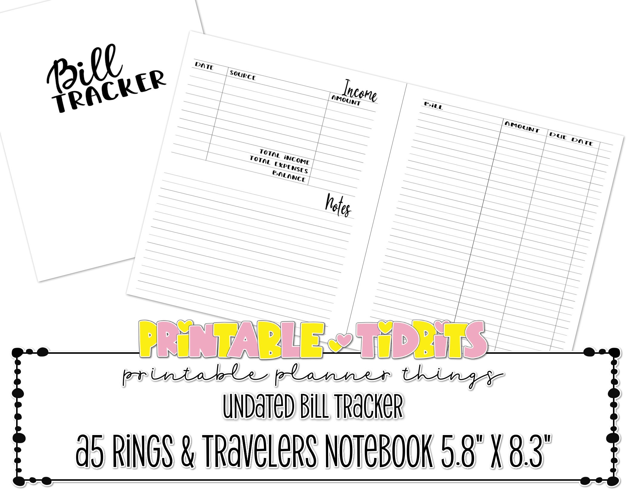 Printable Undated Bill Tracker Planner Insert for A5 Rings or Travelers ...
