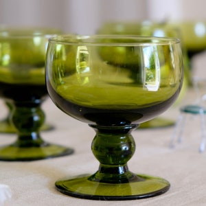 Mouth Blown Wine Glass, Vintage Set of 10 Olive Green Glasses, French Elegance, Mid Century Antique Wine Glass,