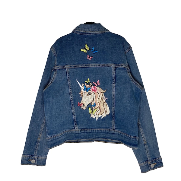 Jean Jacket -  Girls Size Embroidered With Unicorn and Butterflies