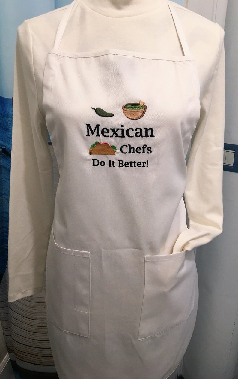 Embroidered White Apron; Personalize Holidays Christmas Mexican Chefs Do It Better saying Hostess Gift