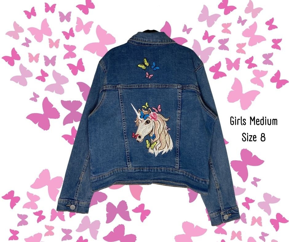 Jean Jacket - Girls Size Embroidered With Unicorn and