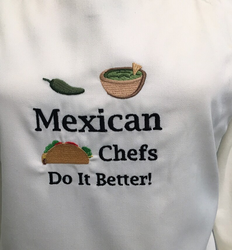 Embroidered White Apron; Personalize Holidays Christmas Mexican Chefs Do It Better saying Hostess Gift