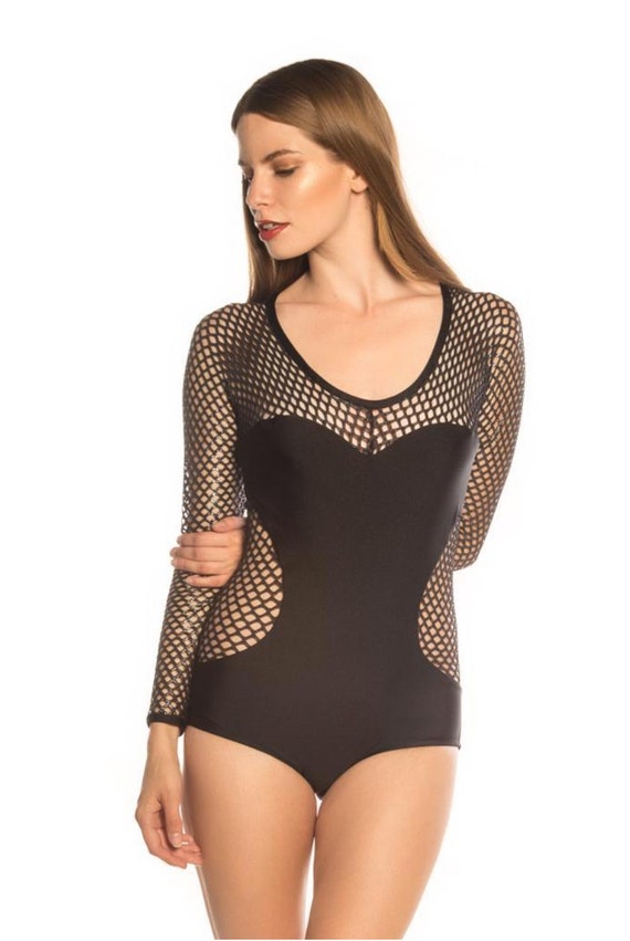 black fishnet one piece swimsuit