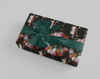 Papel de regalo floral medianoche, bodegón holandés estilo gótico, hecho a medida.
