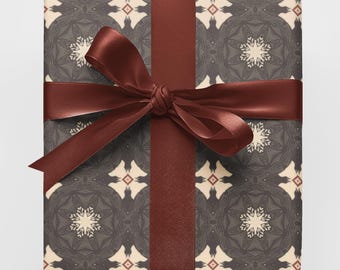 Papel de regalo con estampado de copos de nieve folclóricos, papel de regalo gótico navideño oscuro, hecho a medida.