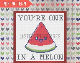 You're One In A Melon Cross Stitch Pattern Valentine's Day PDF Printable