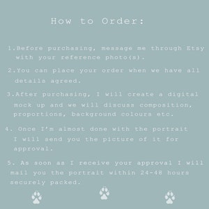 Pu&ograve; includere: Un grafico informativo azzurro con testo bianco intitolato How to Order. Elenca cinque passaggi per commissionare un ritratto personalizzato, tra cui l'invio di foto, l'accordo sui dettagli, la revisione di una bozza digitale e l'approvazione.