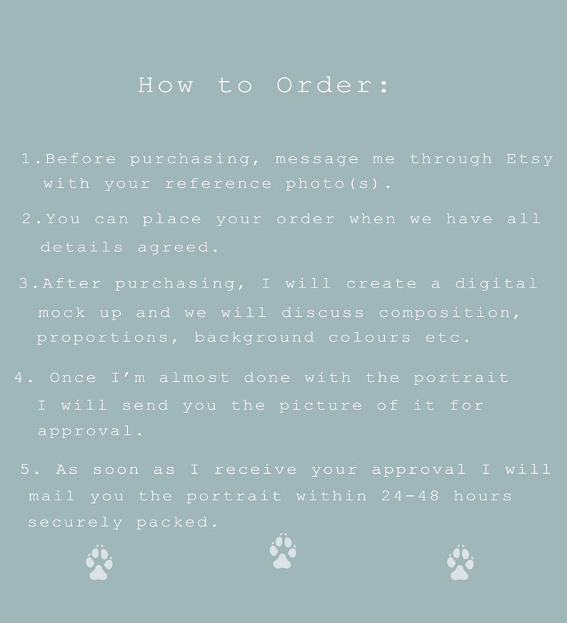Pu&ograve; includere: Un grafico informativo azzurro con testo bianco intitolato How to Order. Elenca cinque passaggi per commissionare un ritratto personalizzato, tra cui l'invio di foto, l'accordo sui dettagli, la revisione di una bozza digitale e l'approvazione.