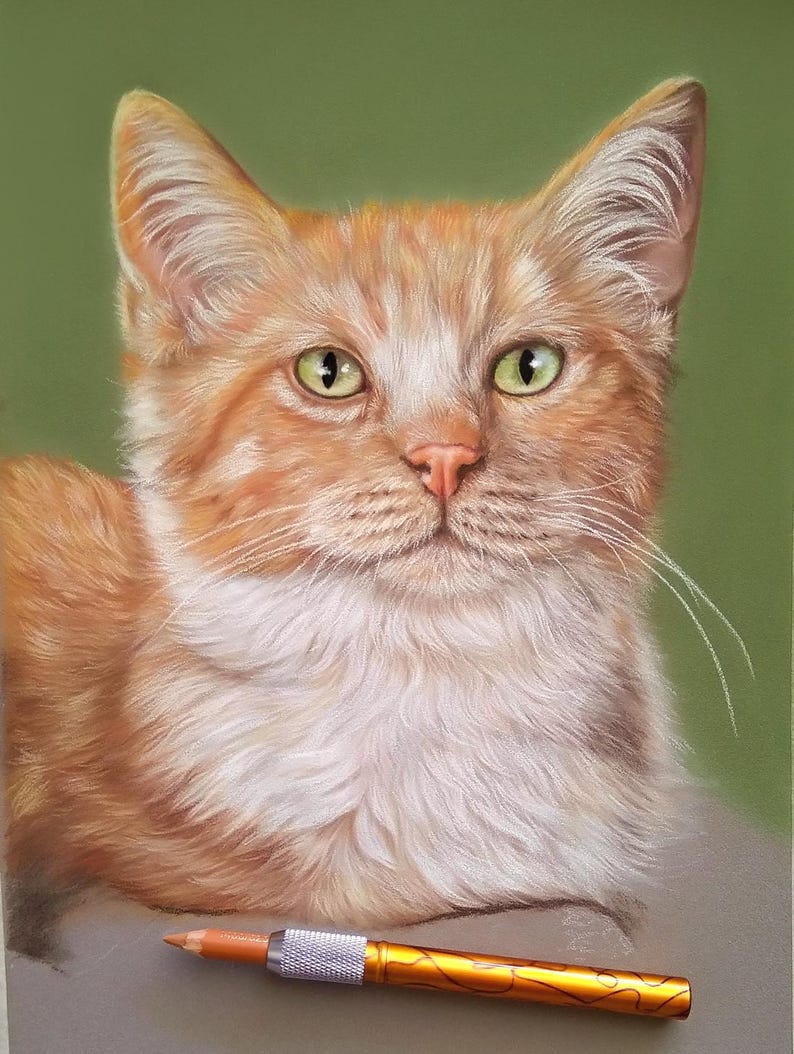 May include: A detailed portrait of a ginger cat with green eyes, set against a soft green background. The cat's fur is a mix of orange and white, with visible whiskers. A drawing pencil with a silver and orange handle is in the foreground.