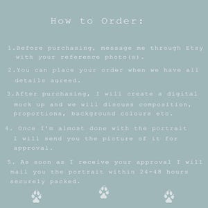 Puede incluir: Un fondo azul claro con texto blanco que explica c&oacute;mo pedir un retrato personalizado de mascota. El texto incluye instrucciones para enviar una foto de referencia, discutir los detalles y recibir una maqueta digital. El texto tambi&eacute;n menciona que el retrato final se enviar&aacute; en un plazo de 24 a 48 horas. El texto est&aacute; rodeado de tres huellas de patas blancas.