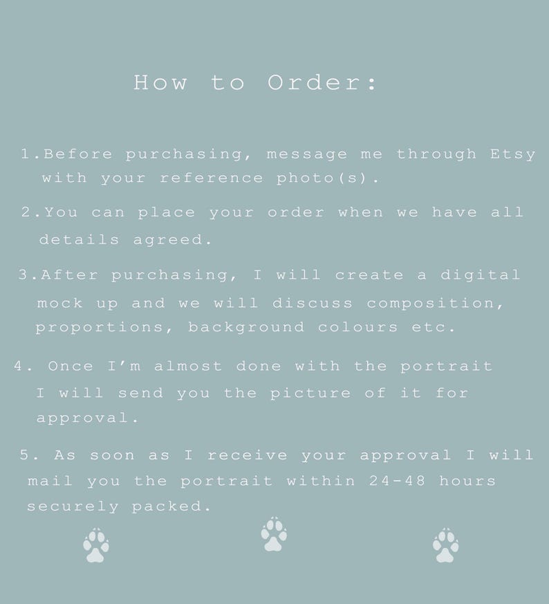 Puede incluir: Un fondo azul claro con texto blanco que explica c&oacute;mo pedir un retrato personalizado de mascota. El texto incluye instrucciones para enviar una foto de referencia, discutir los detalles y recibir una maqueta digital. El texto tambi&eacute;n menciona que el retrato final se enviar&aacute; en un plazo de 24 a 48 horas. El texto est&aacute; rodeado de tres huellas de patas blancas.