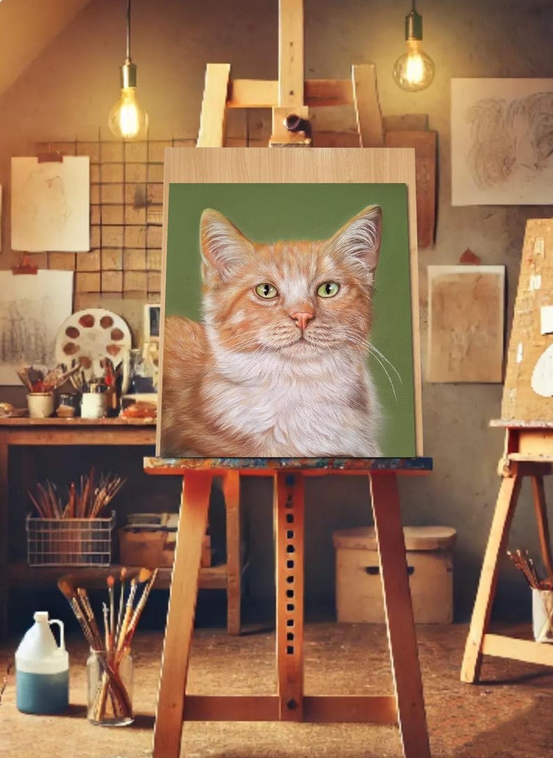May include: A detailed painting of a ginger cat with white fur on a green background, displayed on a wooden easel. The cat has green eyes and is the focal point. The scene is set in an artist's studio, with paintbrushes and art supplies visible.