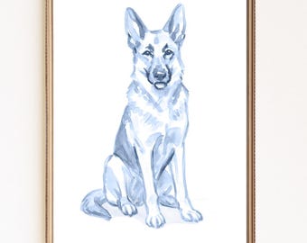 Stampa acquerello blu di un pastore tedesco, razza di cane stampabile, arte murale digitale per gli amanti degli animali