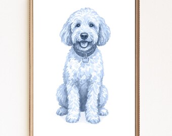 青い水彩画のゴールデンドゥードルのプリント、犬種のウォールアート、ドゥードル愛好家へのギフト、すぐにデジタルダウンロードできます
